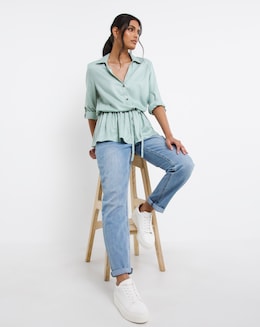 Misty Blue Three Quarter Sleeve Viscose Twill Drawstring Shirt