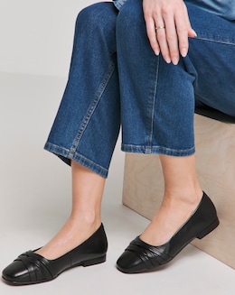 Heavenly Soles Lucille Leather Cross Detail Square Toe Ballerina - Wide Fit (E)