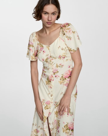 Mango Buttoned Floral Print Linen Blend Midi Dress