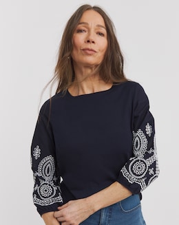 Pure Cotton Broderie 3/4 Length Sleeve Crew Neck Top