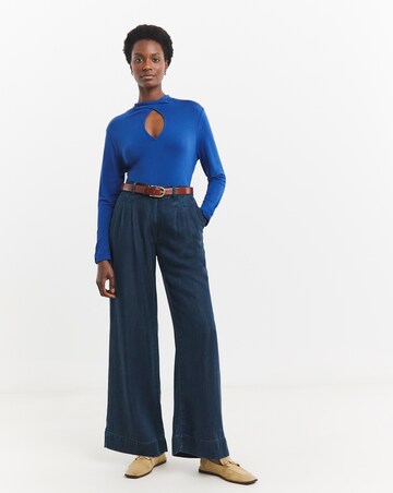 Blue High Neck Long Sleeve Cut Out Detail Top