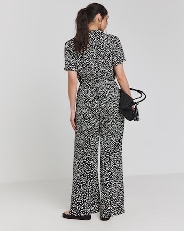 Simply Be Black Printed Waffle Button Up Wide Leg Jumpsuit With Pockets