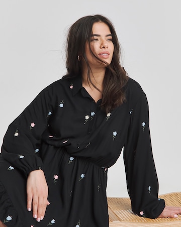 Black Floral Embroidered Shirt Dress