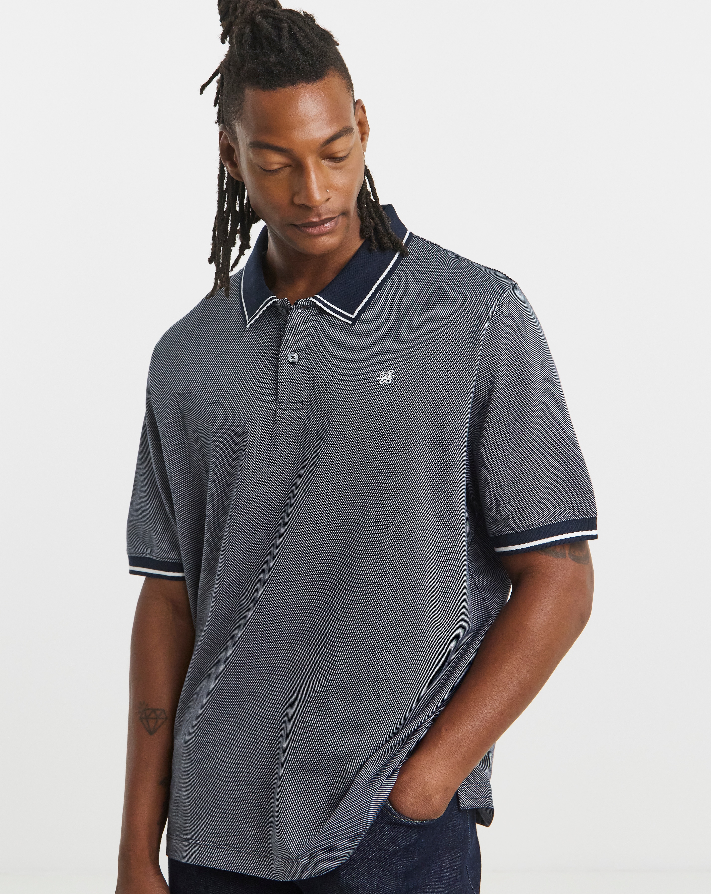 b*o様 ERNEST W. BAKER PIN STRIPE POLO White 'EWB' Embroidered Polo by Ernest W. Baker on Sale
