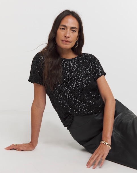 Black Sequin Longline Top