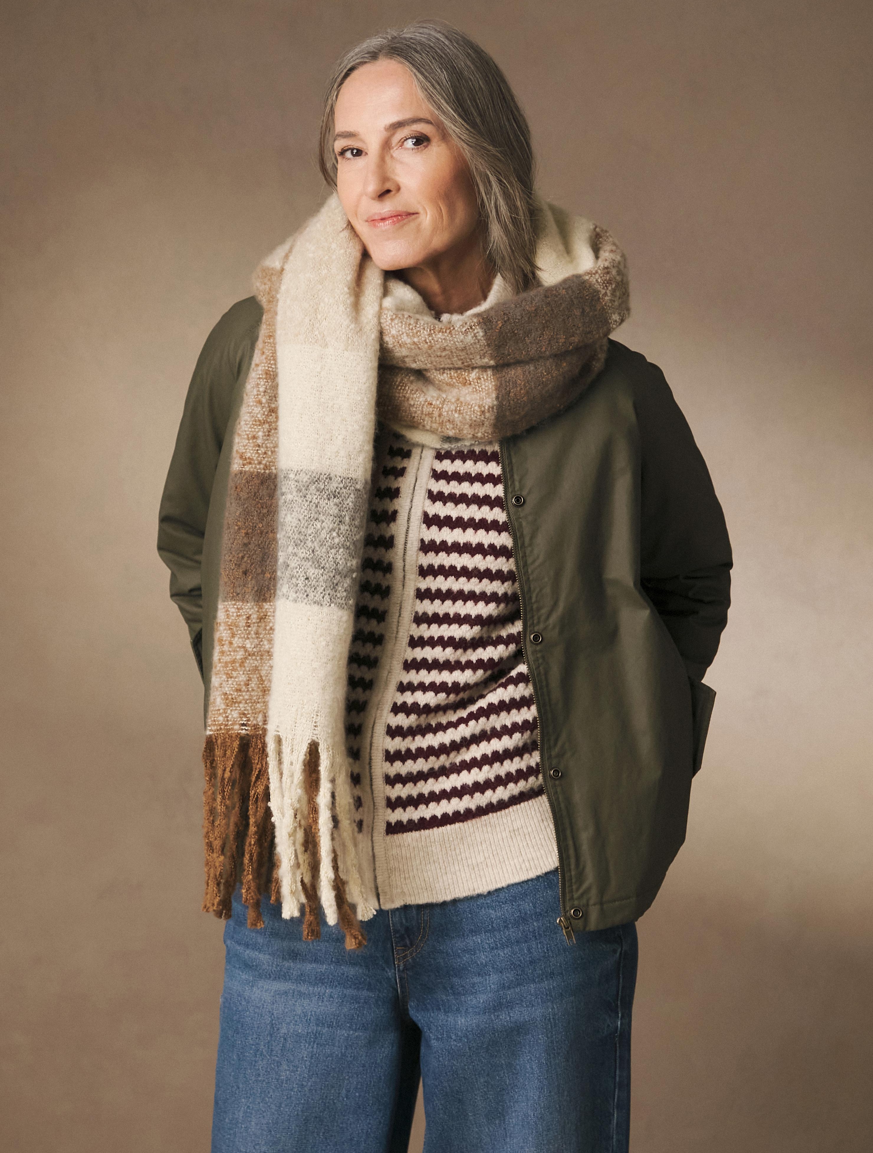 A woman wearing a dark green coat with pullover and scarf