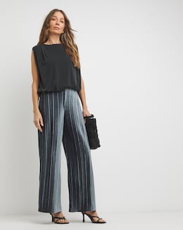Grey Ribbed Velvet Jersey Wide Leg Pull On Trousers