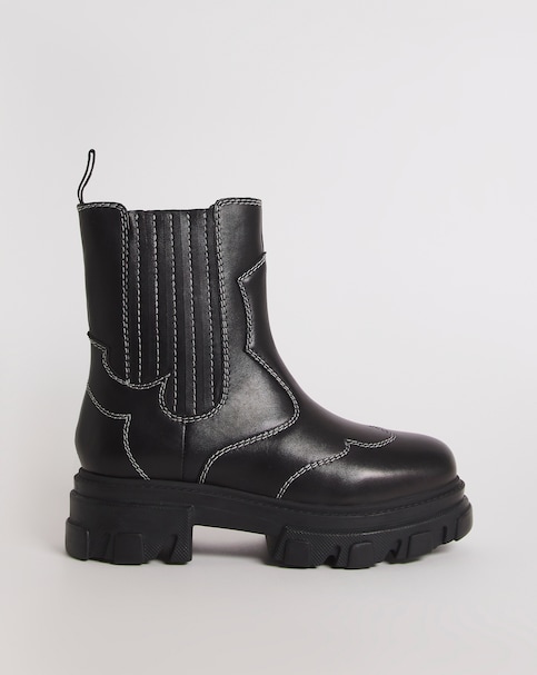 Hali Leather Embroidered Chunky Ankle Boots - Wide Fit (E)