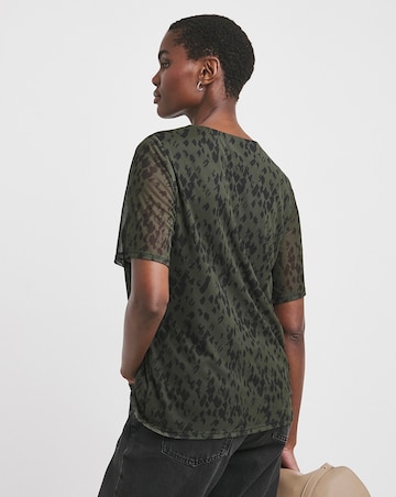 Printed Mesh V-Neck Angel Sleeve Top