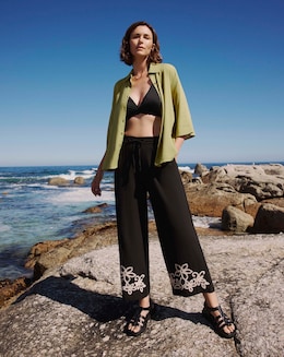 Black Cotton Cornelli Embroidered Wide Leg Trousers