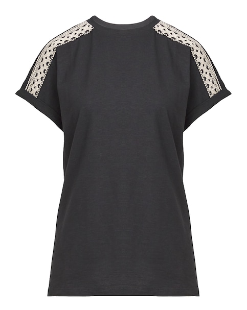 Black Crew Neck Embroidered Shoulder T-Shirt