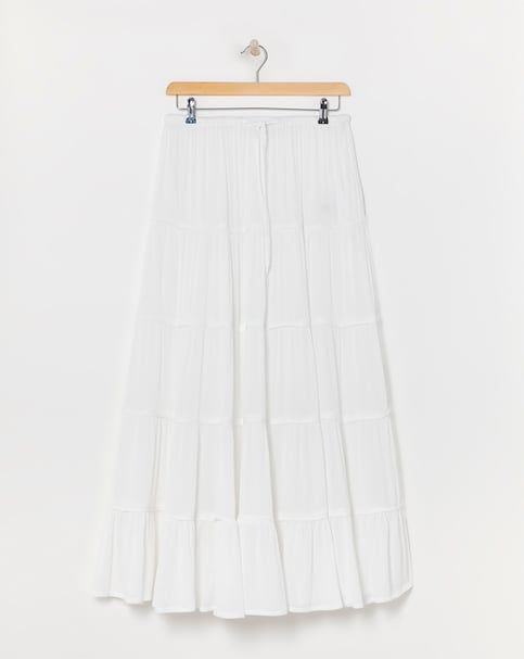 White Crinkle Tiered Maxi Skirt