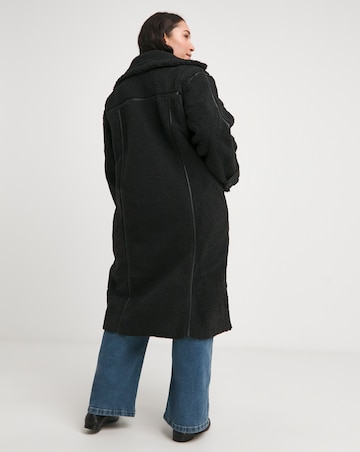 Black Longline PU Trim Teddy Coat