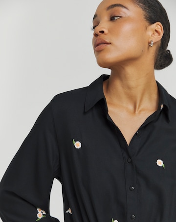 Black Embroidered Ditsy Floral Shirt Dress