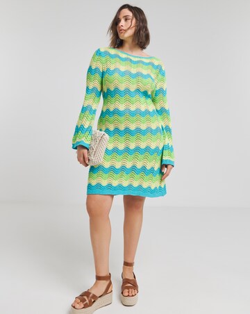 Colourful Crochet Look Wave Stitch Tie Back Knitted Mini Dress