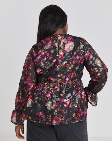 Foil Black Floral Print V Neck Blouse with Elasticated Waist