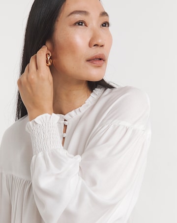 Womens Twill Collarless Blouson Sleeve Blouse- Ivory