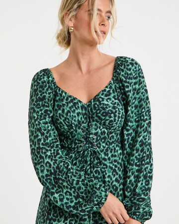 Green Animal Print Corset Detail Midi Dress