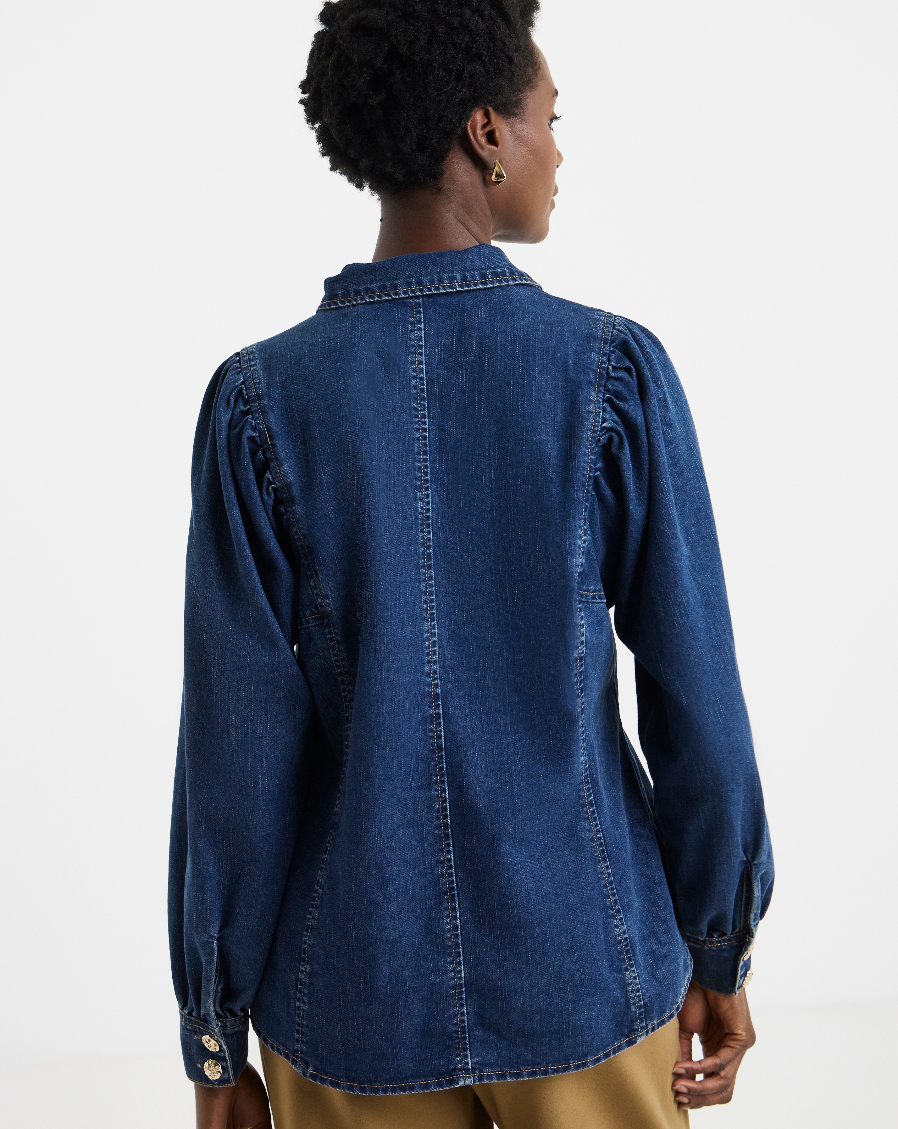 Denim-Trimmed Volume Sleeve Dress 【公式通販】