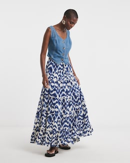 Blue Print Textured Crinkle Tiered Maxi Skirt