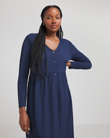 Navy Waffle Button up Midi Dress With Pockets