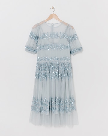 Maya Curve Puff Sleeve Stripe Sequin Embellished Tulle Midi Dress