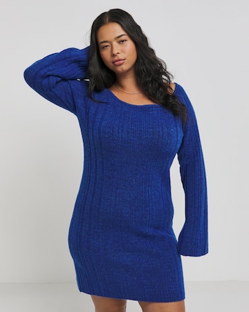Blue Rib Slash Neck Knitted Mini Dress