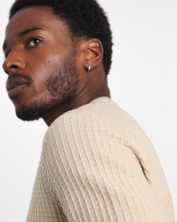 Stone Grid Textured Knitted Crew Neck Jumper