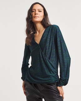 Joanna Hope Green/Blue Glitter Knit Wrap Top