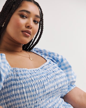 Gingham Puff Sleeve Shirred Peplum Top