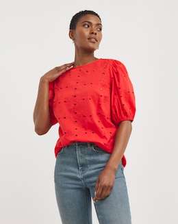 Raspberry Puff Sleeve Broderie Top