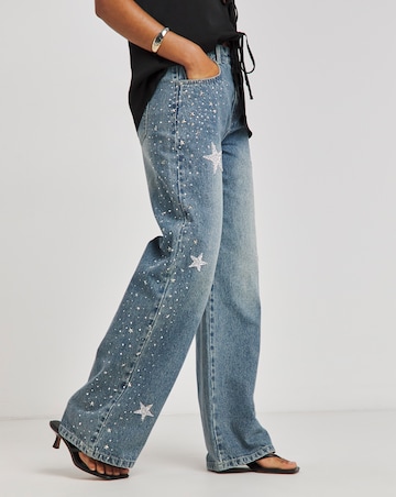 Simply Be X Twisted Wunder Mid Wash Star Embellished Wide Leg Jeans