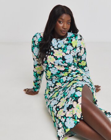 Floral Print Ruched Front Midi Dress