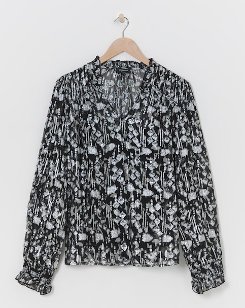 Silver V Neck Metallic Jacquard Blouse