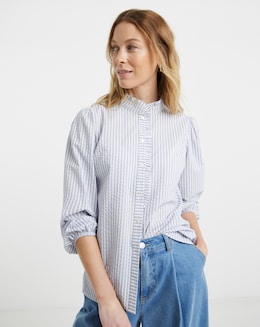 Womens Seersucker Frill Detail Long Sleeve Blouse - Blue Stripe