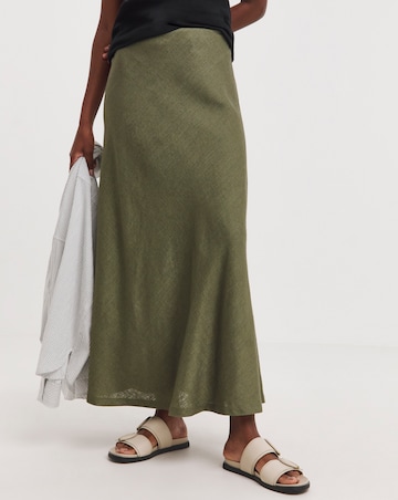 Khaki Linen Mix Bias Cut Maxi Slip Skirt