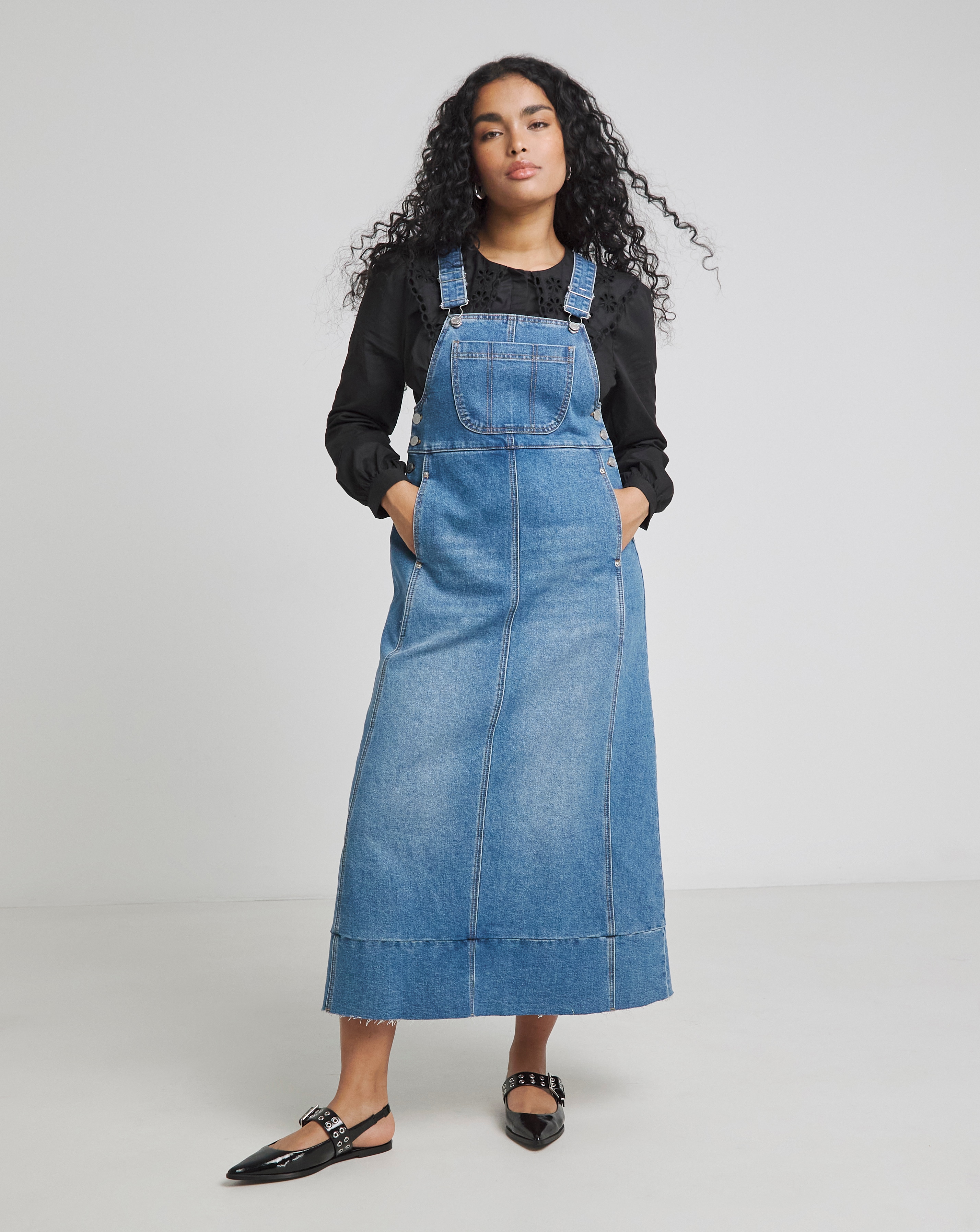 midi denim dungaree dress Denim Dungaree Midi Dungaree Dress Women Navy Blue Back Slit Midi Dungaree   Sera