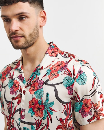 Coral Floral Print Cuban Collar Shirt