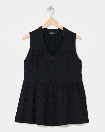 Black Textured Tie Neck Button Front Top