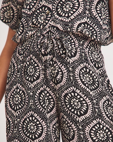 Mono Print Crinkle Shirred Waist Wide Leg Trousers