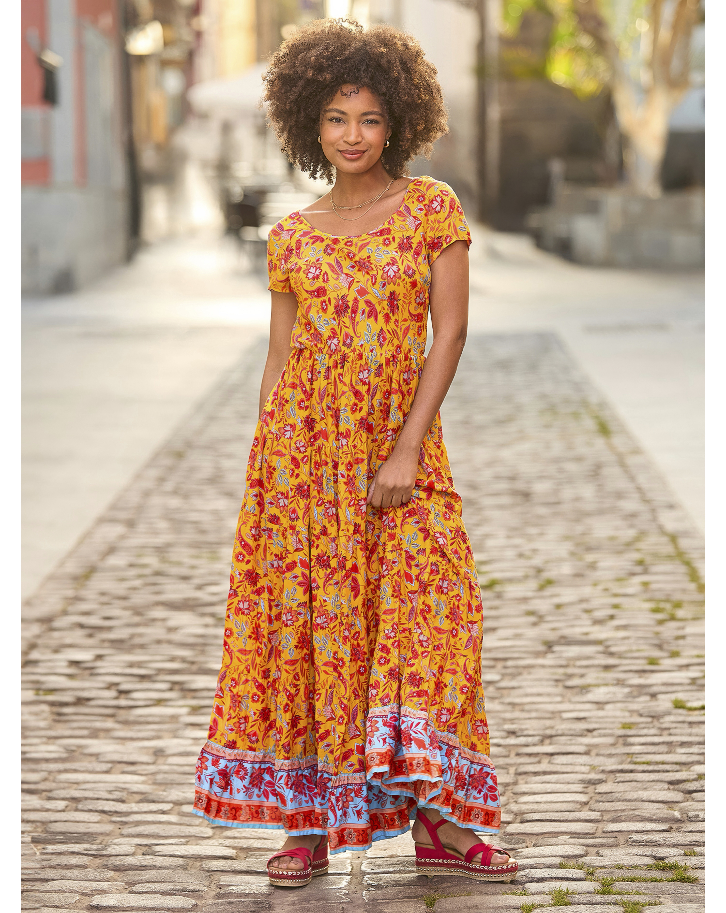Joe Browns Abito Lungo Maxi Con Stampa Geografica E Scollo A V – Rosso/Arancio