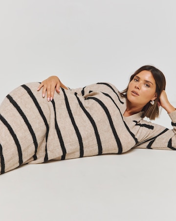 Oatmeal Stripe Rib Collar Knitted Midaxi Dress