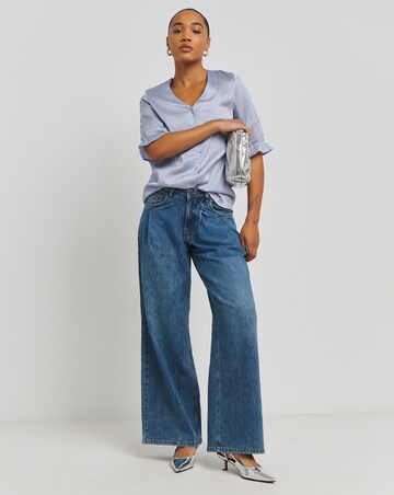 Blue Button Through Short Sleeve Satin Blouse