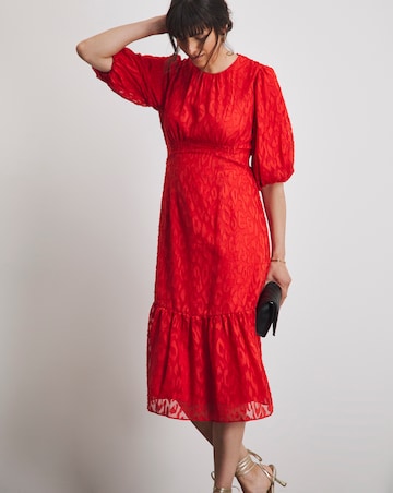 Joanna Hope Coral Burnout Bubble Sleeve Dress