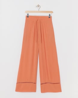 Apricot Crinkle Shirred Waist Wide Leg Trousers
