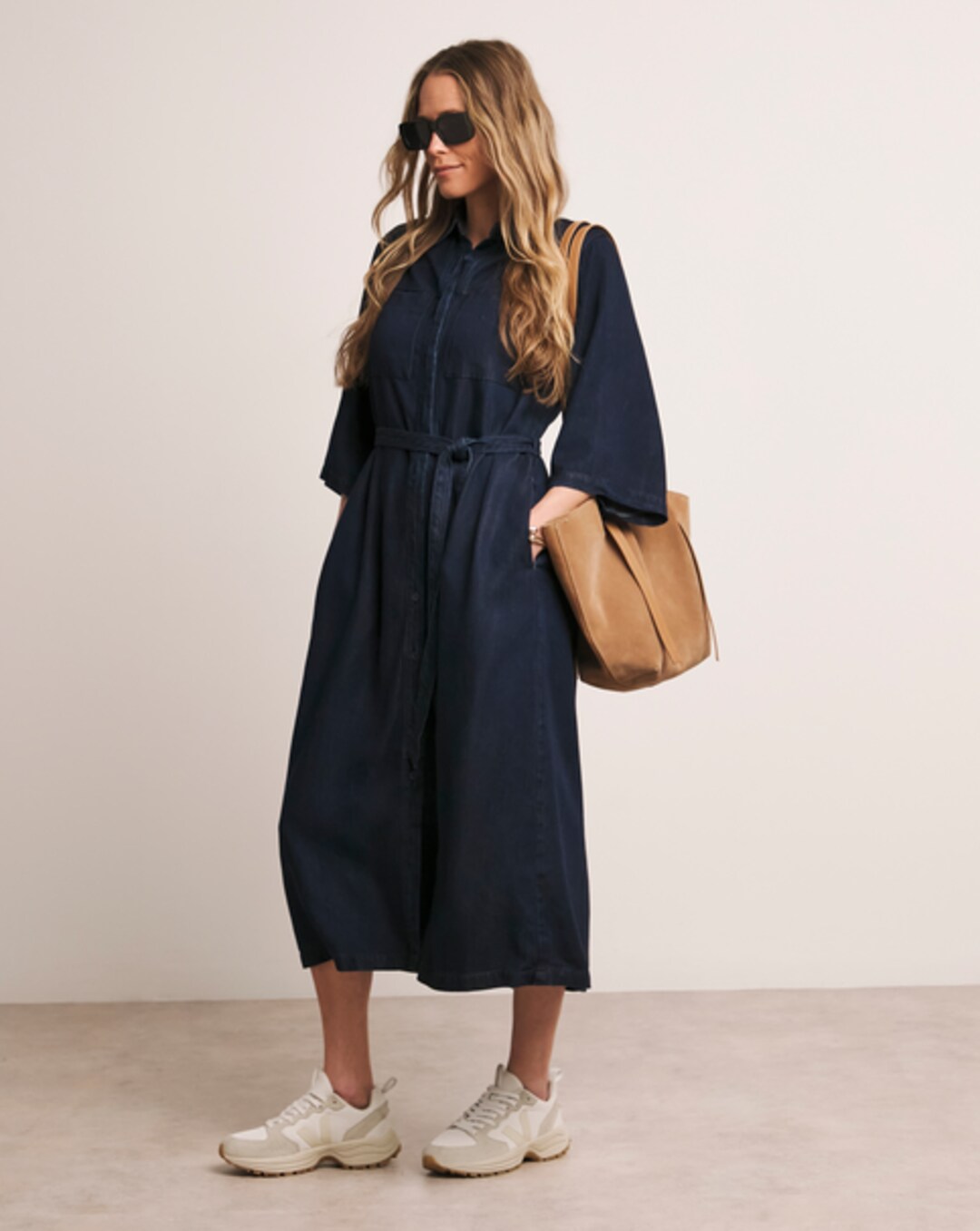 mama lyocell denim dress Mid Blue Lyocell Denim Midi Dress