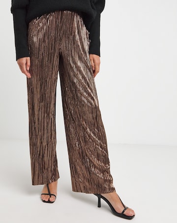 Metallic Copper Plisse Stretch Wide Leg Trousers