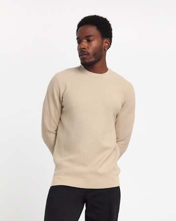Stone Grid Textured Knitted Crew Neck Jumper