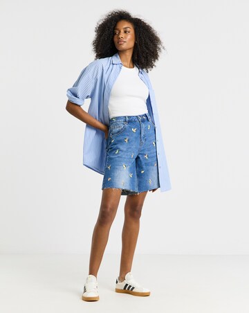 Mid Blue Fruit Embroidered Denim Bermuda Short