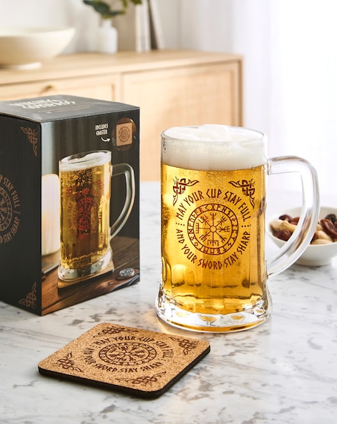Viking Compass Glass Beer Tankard with Coaster
